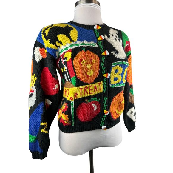 *Flawed The Eagles Eye Halloween Cardigan Sweater Hand Knit Candy Corn Buttons S - Picture 3 of 15
